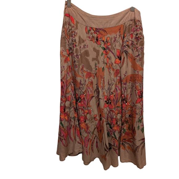 Papaya Flower Printed 100% Cotton A-Line Skirt Brown Boho Lagenlook Botanical - Picture 1 of 4